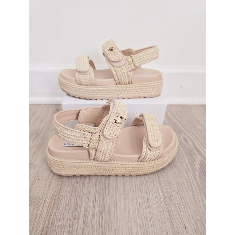 Steve Madden Bigmona Raffia Platform Sandals 9.5 Shoes Chunky Beige Beach